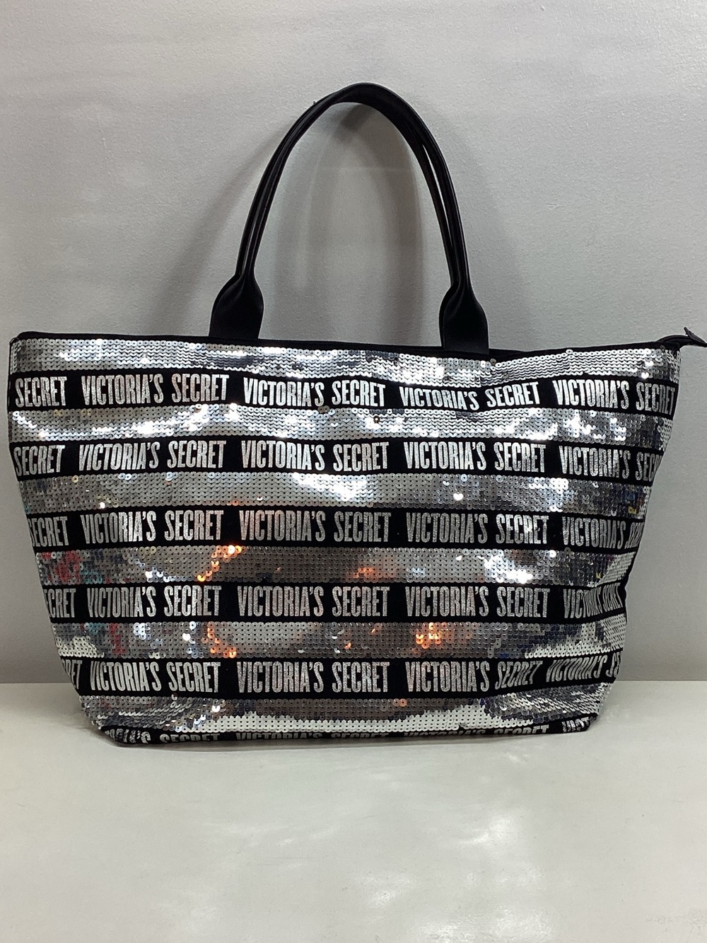 Victoria's Secret Silver Sequin Logo Stripe Tote